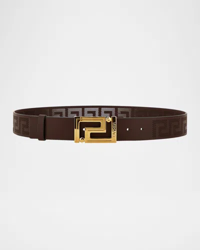 Versace Men's Greek Key Leather Belt In Dark Brown- Gold