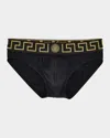 Versace Men's Greek Key Organic Cotton Stretch Briefs In Black/gold