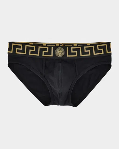 Versace Men's Greek Key Organic Cotton Stretch Briefs In Black/gold