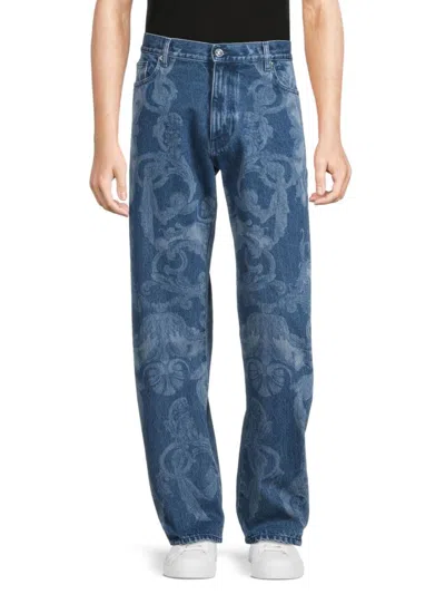 Versace Men's High Rise Floral Jeans In Blue