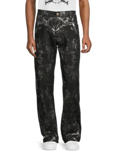 Versace Men's High Rise Metallic Floral Jeans In Black