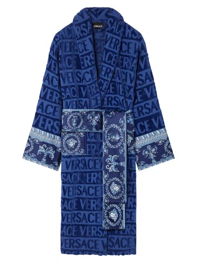 Versace Men's I Heart Baroque Cotton Terry Bathrobe In Blue