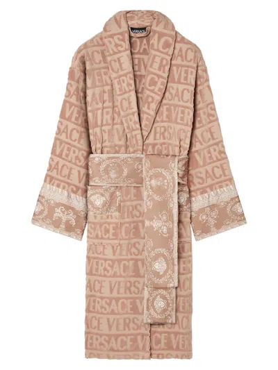 Versace Logo Baroque-print Bathrobe In Brown