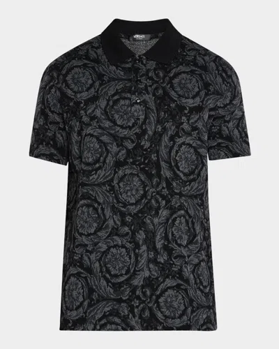 Versace Barocco Print Polo T-shirt In Grey