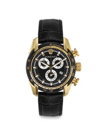 Versace Men's Ip Yellow Gold & Black Sunray Dial Leather Strap Watch/44mm