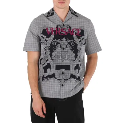 Versace Men's Juxtaposed Baroque Checked Logo Shirt In White/black
