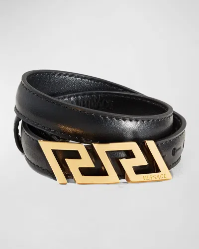 Versace Men's La Greca Leather Wrap Bracelet In Black