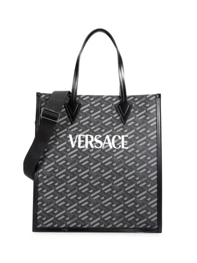Versace Men's La Greca Monogram Canvas Tote Bag In Black