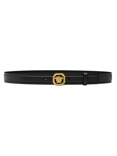 Versace Men's La Medusa Leather Belt In Black  Gold