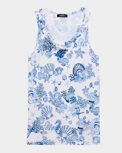 Versace Coral Theatre Print Sleeveless Undershirt In Blue