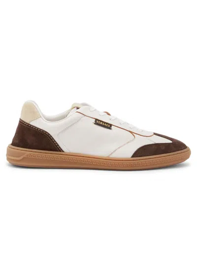 Versace Greek Motif Low-top Leather Lace-up Sneakers With Logo Patches In White