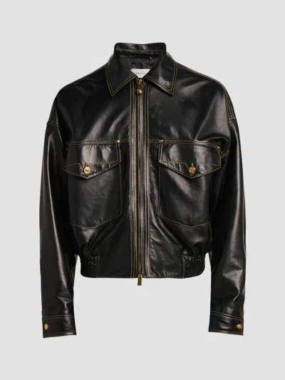 Versace Men's Leather Bomber Jacket In Black