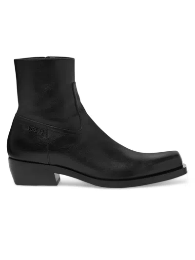 Versace Men's Square-toe Leather Ankle Boots In Black Ruthenium
