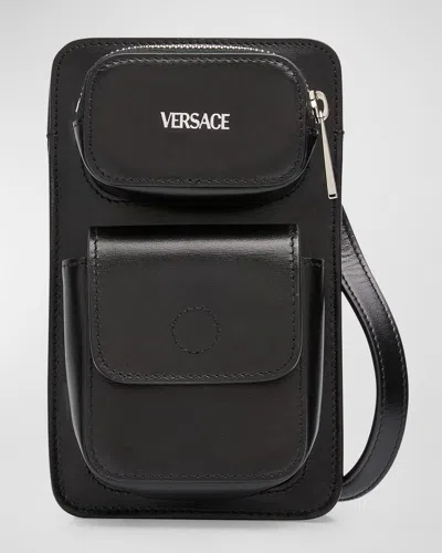 Versace Men's Leather Cargo Crossbody Bag In Black-palladium