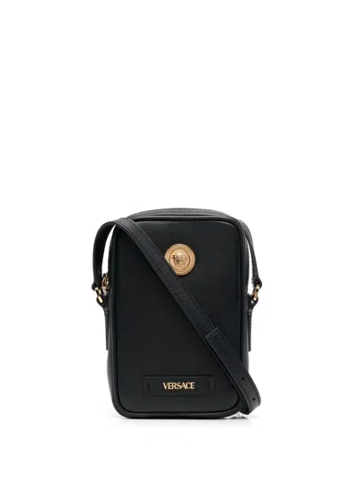 VERSACE ICONIC LEATHER CROSSBODY PHONE HOLDER WITH MEDUSA DETAIL