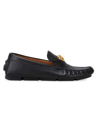 Versace Men's Leather Driving Loafers In Black  Gold