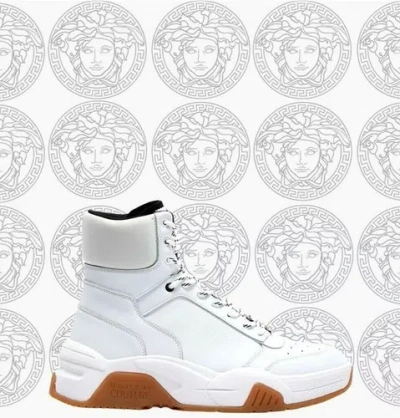 Pre-owned Versace Men's Leather High-top Sneakers Size 8 Usa 41 Eu Dubai Bling Kris Fade In White