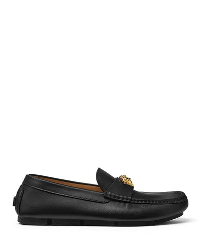 Versace Logo Plaque Leather Loafers In Black