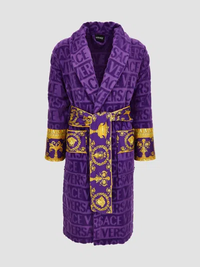 VERSACE MEN'S LOGO BOROCCO-TRIM COTTON ROBE