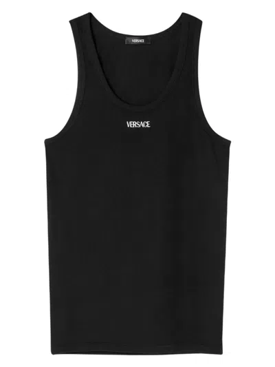 Versace Men Logo Cotton Tank Top In Black