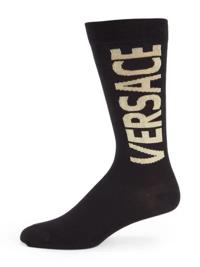 Versace Men's Logo Crew Socks In Black Gold