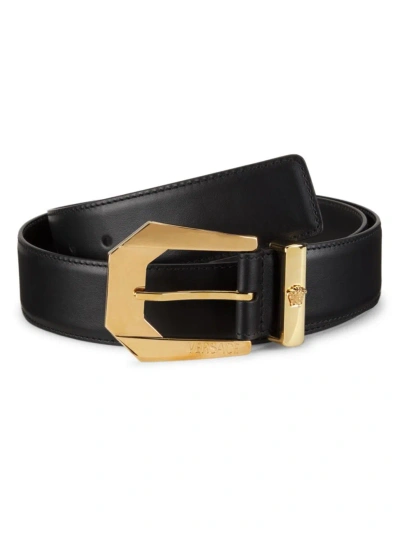 Versace Men's Logo-detailed Leather Belt In Black  Gold