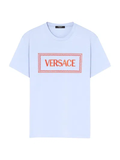 Versace Men's Logo-embroidered Cotton T-shirt In Blue Hydrangea
