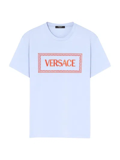 Versace Embroidered Logo Cotton Jersey T-shirt In Blue Hydrangea
