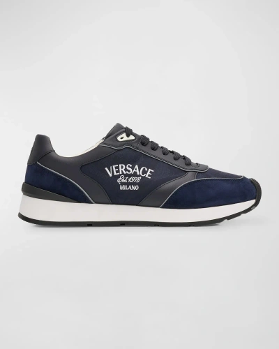 Versace Men's Logo-embroidered Sneakers In Blue Navy