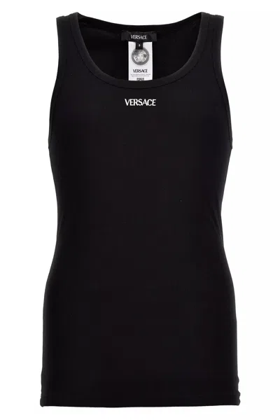 Versace Men Logo Embroidery Tank Top In Black