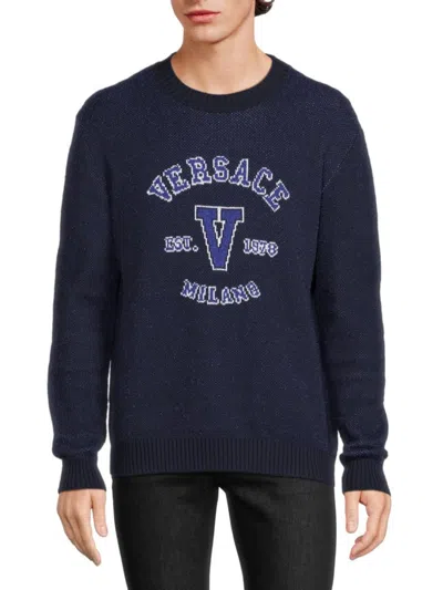 Versace Men's Logo Intarsia Sweater In Navy