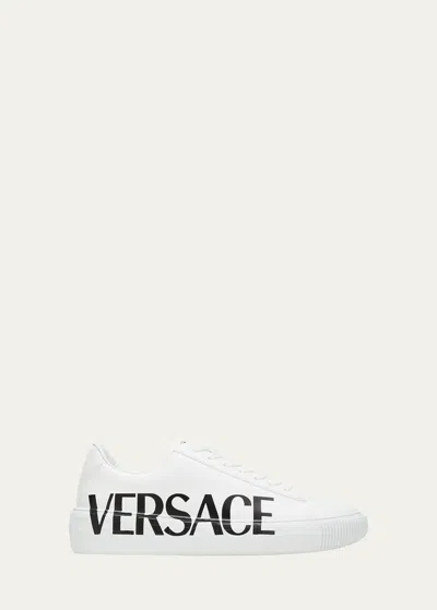 Versace Men's Logo Leather Low-top Sneakers In White/black