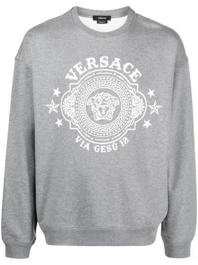 Versace Cotton Long-sleeve Sweatshirt With Graphic Emblem In Gray