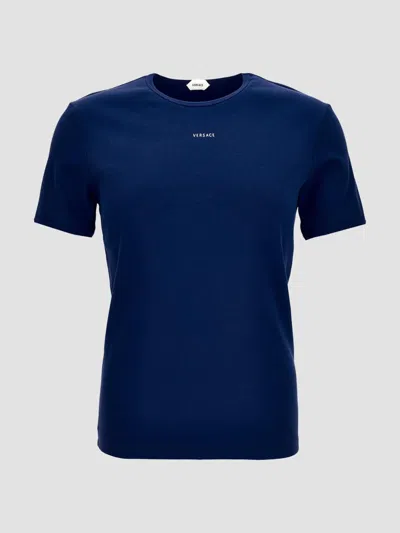 Versace Men's Logo Rib-knit Cotton Crewneck T-shirt In Blue