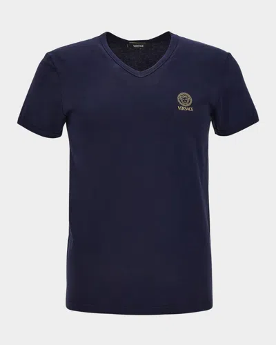 Versace Men's Logo V-neck T-shirt In Blue
