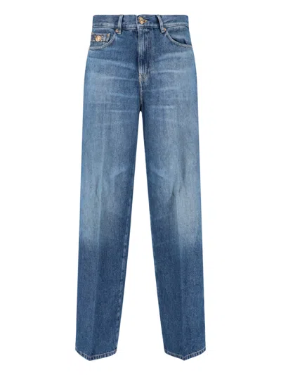 Versace Men's Lyocell Denim Jeans With Calf Leather Trim In Blue