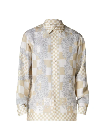 Versace Men's Medusa & Checked Silk Button-front Shirt In Neutrals