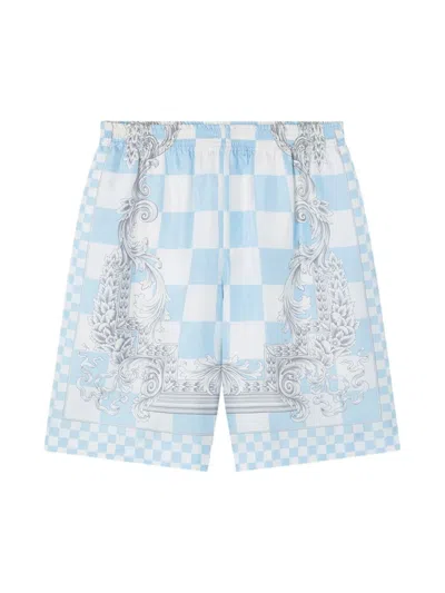Versace Blue Barocco Checkerboard-print Shorts In Pastel Blue Multi