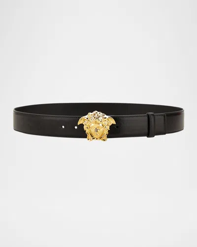 Versace Men's Medusa-buckle Leather Belt In Black- Gold