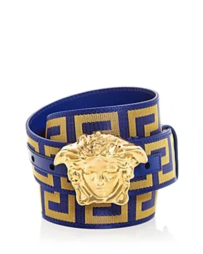 Versace Men's Medusa Buckle Woven Belt In Blue/ Gold