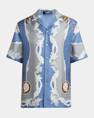 Versace Camp-collar Printed Silk-twill Shirt In Blue