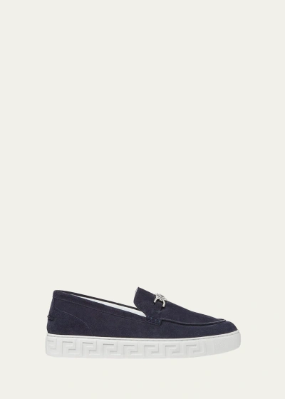 Versace Men's Medusa Coin Suede Hybrid Loafers In Navy