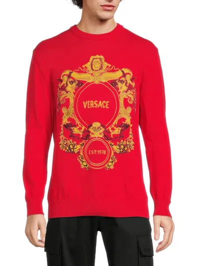Versace Men's Medusa Embroidered Crewneck Sweater In Red
