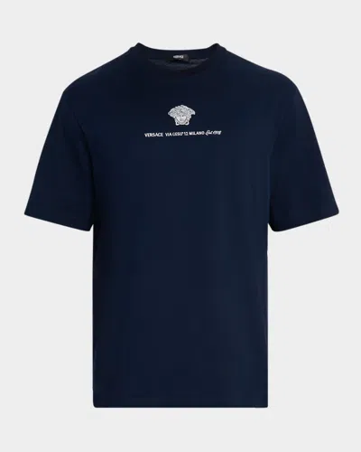 Versace Men's Medusa Embroidered T-shirt In Blue