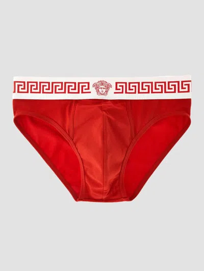 Versace Men's Medusa Head Greco-trim Jersey Brief In Red