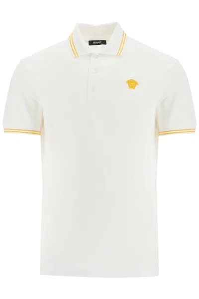 Versace White Polo Shirt With Classic Collar And Medusa Embroidery On The Front In Neutral