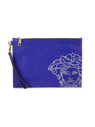 Versace Men's Medusa Small Leather Clutch In Blue
