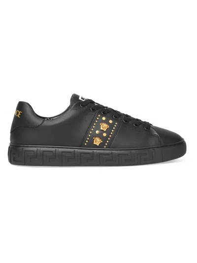 Versace Black Greca Embellished Nylon Faux-leather Sneakers