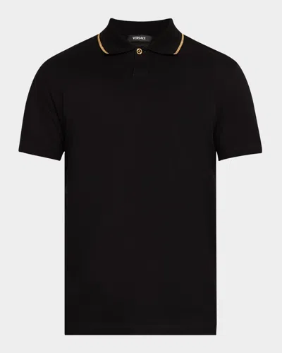 Versace Black And Gold-tone Cotton Polo Shirt