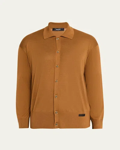 Versace Men's Medusa-button Knit Polo Cardigan In Brown